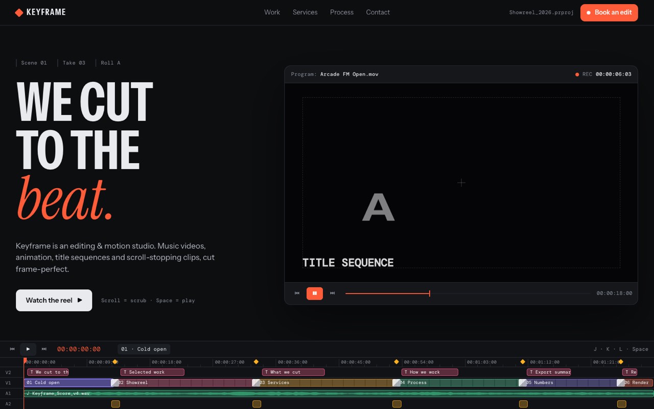 Keyframe video editing & motion studio website design, screen 1