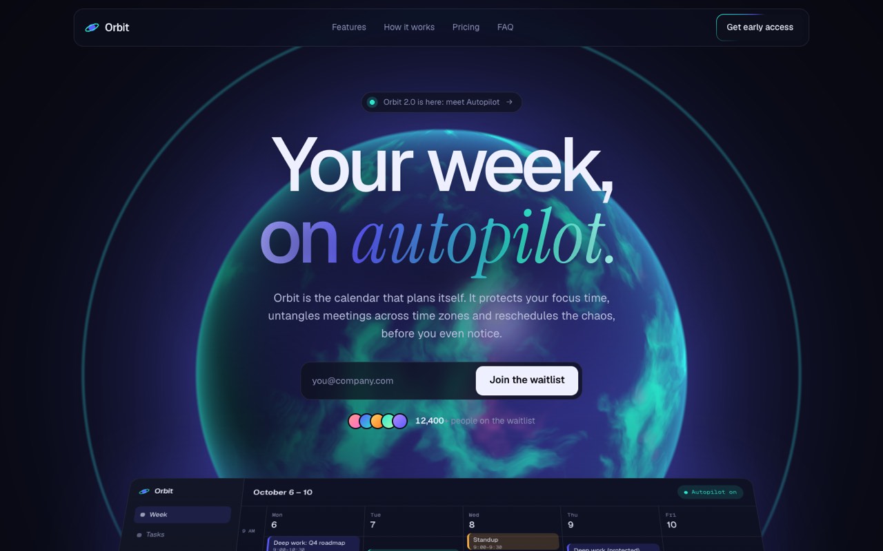Orbit product & saas launch website design, screen 1