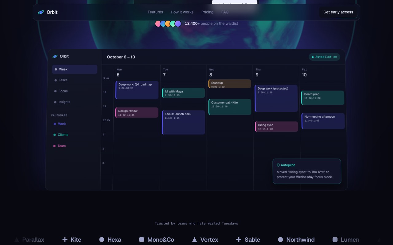 Orbit product & saas launch website design, screen 2