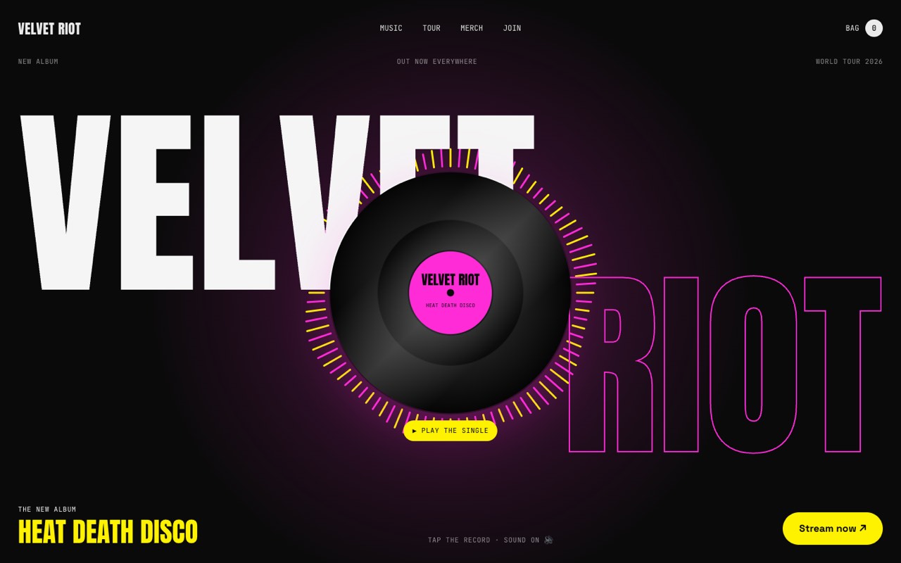 Velvet Riot music artist & album launch website design, screen 1