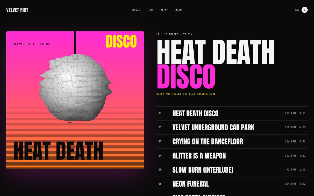 Velvet Riot music artist & album launch website design, screen 2