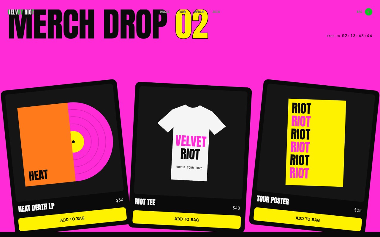 Velvet Riot music artist & album launch website design, screen 5