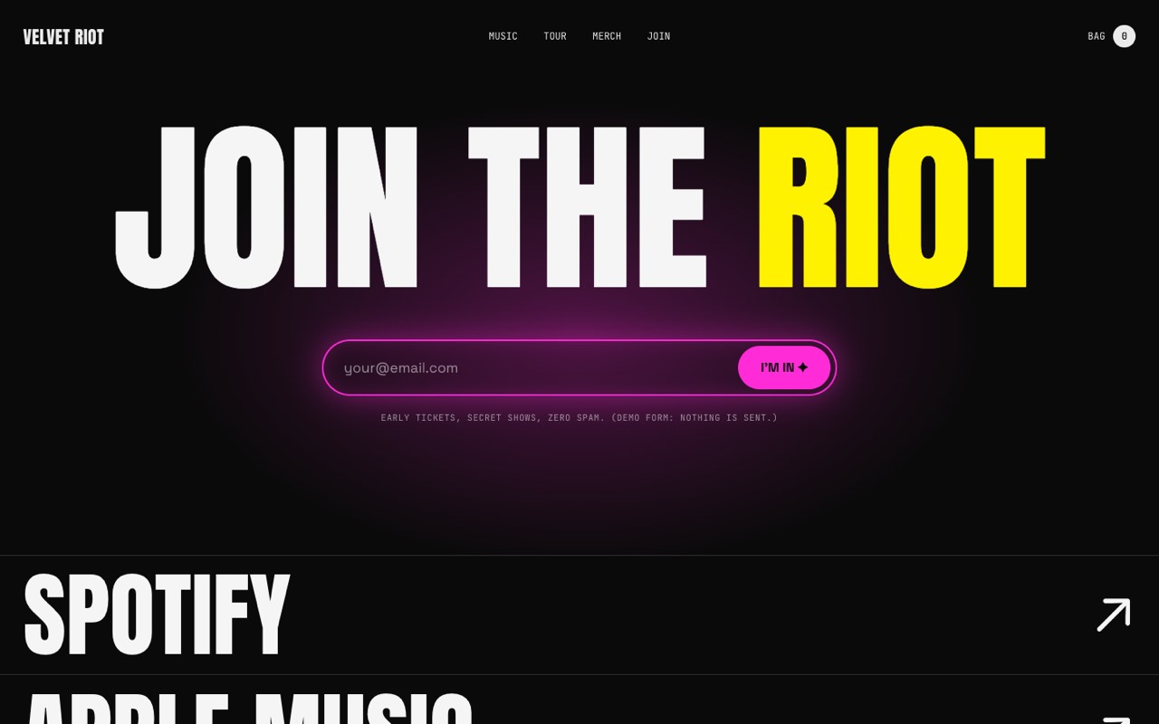 Velvet Riot music artist & album launch website design, screen 6